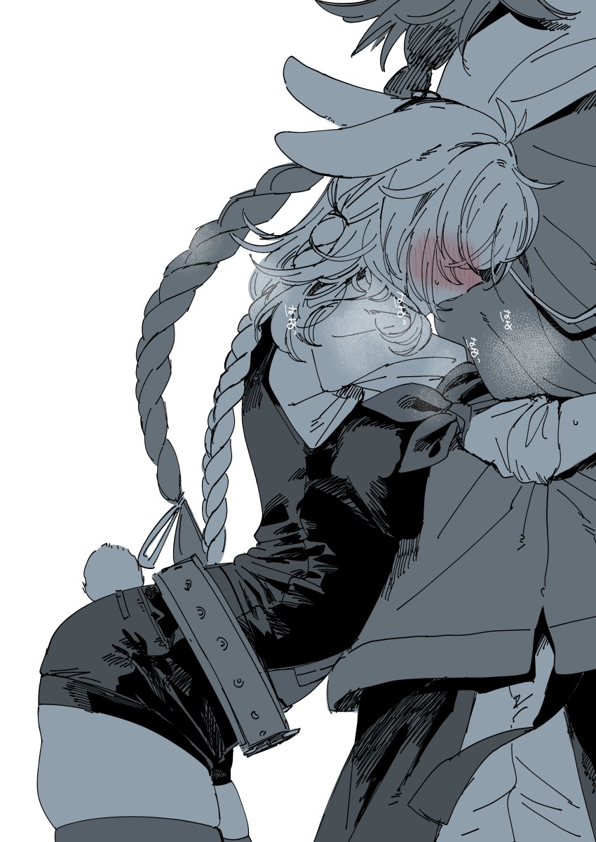 1boy, 1girl, animal_ears, arknights, blush, braid, breast_press, breasts, from_side, grey_theme, hair_over_eyes, heavy_breathing, height_difference, highres, hug, hug_from_behind, kroos_(arknights), kroos_the_keen_glint_(arknights), leaning_forward, long_hair, medium_breasts, mr._nothing_(arknights), out_of_frame, rabbit_ears, shirt, short_shorts, short_sleeves, shorts, simple_background, single_braid, skindentation, spot_color, thighhighs, very_long_hair, vest, white_background, yukataro