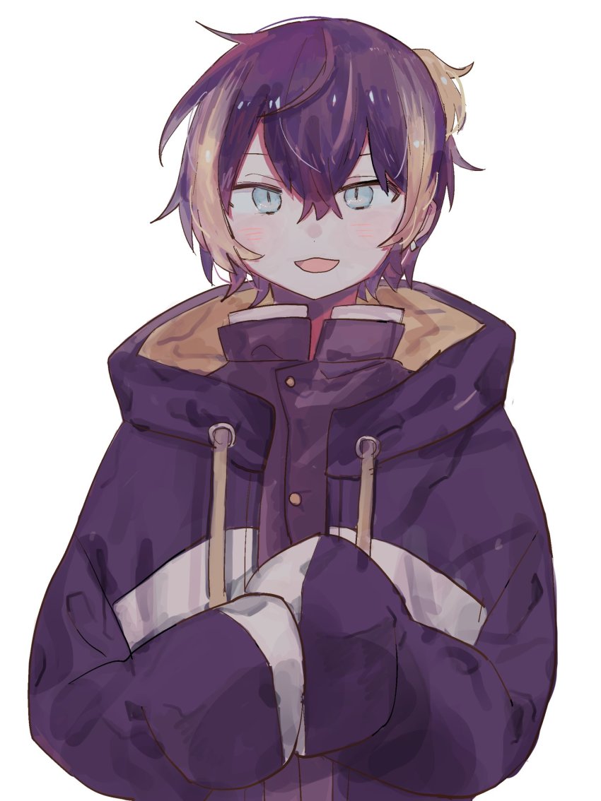 1boy, black_jacket, blue_eyes, blush, brown_hair, genderswap, genderswap_(ftm), hair_between_eyes, highres, hood, hooded_jacket, jacket, long_sleeves, male_focus, mooforvt, multicolored_hair, nijisanji, nijisanji_en, open_mouth, orange_hair, peter_gurin, petra_gurin, sleeves_past_fingers, sleeves_past_wrists, smile, solo, streaked_hair, virtual_youtuber