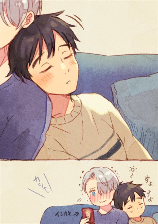 2boys, black_hair, blue_eyes, blush, cellphone, couch, closed_eyes, hair_over_one_eye