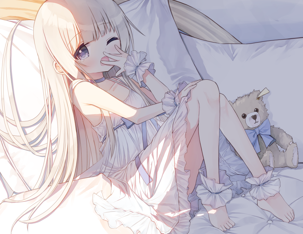 1girl, ankle_cuffs, bare_shoulders, barefoot, blue_bow, blue_eyes, bow, breasts, brown_hair, collarbone, dress, frilled_dress, frills, hand_to_own_mouth, healer_girl_(yuuhagi_(amaretto-no-natsu)), knees_up, long_hair, one_eye_closed, original, pillow, sleeveless, sleeveless_dress, small_breasts, solo, stuffed_animal, stuffed_toy, tears, teddy_bear, very_long_hair, waking_up, white_dress, wrist_cuffs, yawning, yuuhagi_(amaretto-no-natsu)