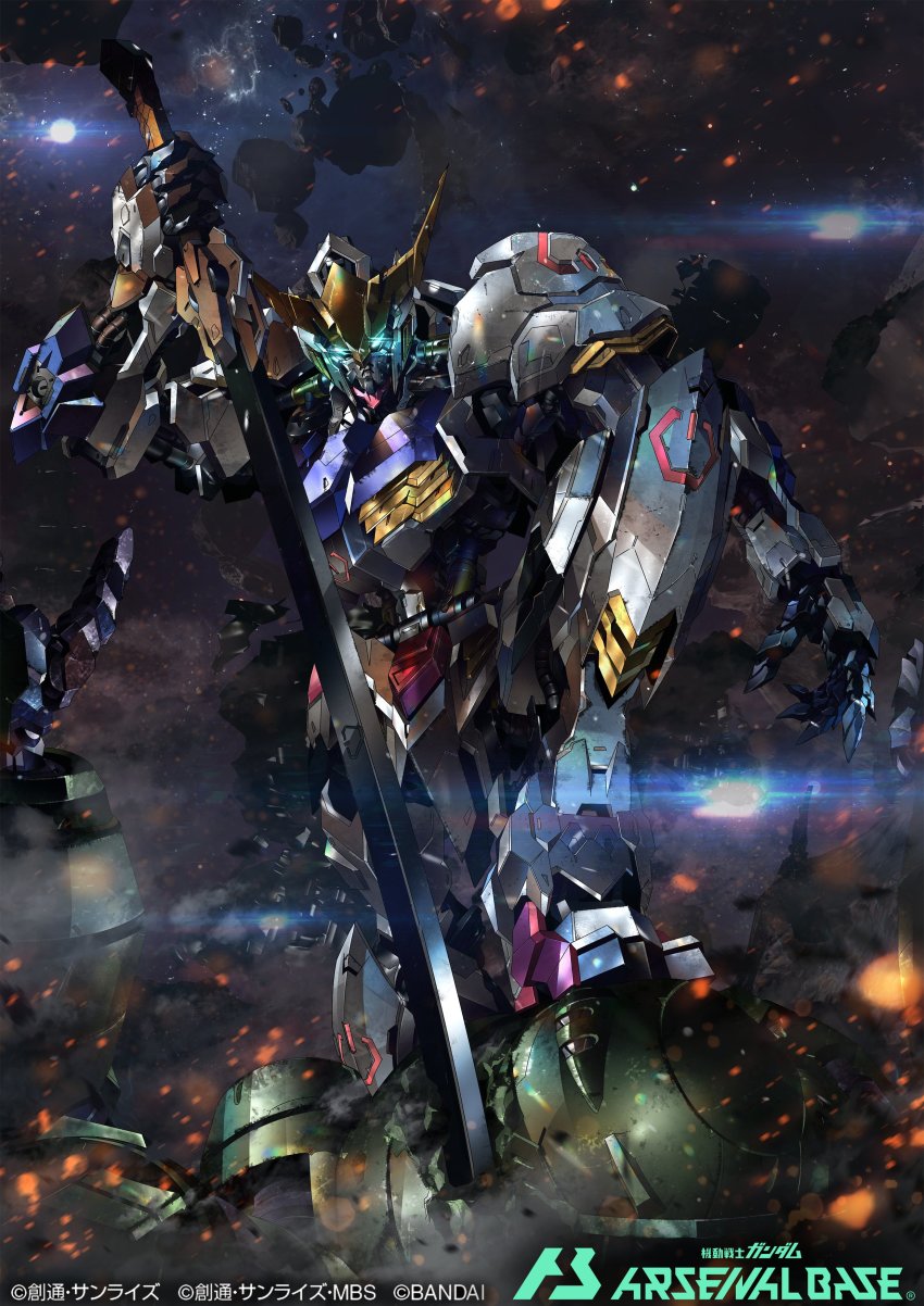absurdres, blue_eyes, embers, glowing, glowing_eyes, gundam, gundam_arsenal_base, gundam_barbatos, gundam_gusion, gundam_tekketsu_no_orphans, highres, holding, holding_sword, holding_weapon, kneeling, looking_at_viewer, mecha, mobile_suit, no_humans, official_art, open_hand, paintedmike, robot, science_fiction, solo_focus, space, sword, v-fin, weapon