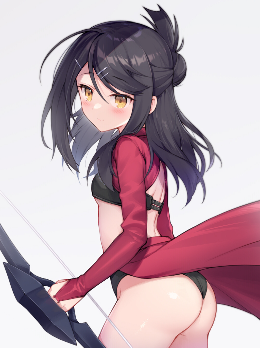 1girl, armor, ass, black_hair, black_panties, blush, bow_(weapon), breastplate, breasts, bridal_gauntlets, brown_eyes, cape, chloe_von_einzbern, chloe_von_einzbern_(archer_install), chloe_von_einzbern_(cosplay), cosplay, fate/kaleid_liner_prisma_illya, fate_(series), hair_bun, hair_ornament, hairclip, half_updo, highres, long_hair, long_sleeves, looking_at_viewer, miyu_edelfelt, panties, red_cape, shrug_(clothing), single_hair_bun, small_breasts, smile, solo, taro_(ultrataro), thighs, underwear, waist_cape, weapon