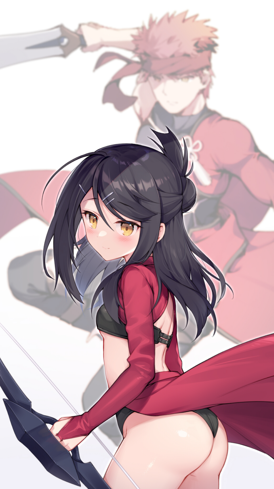 1boy, 1girl, armor, ass, black_hair, black_panties, blurry, blurry_background, blush, bow_(weapon), breastplate, breasts, bridal_gauntlets, brown_eyes, cape, chloe_von_einzbern, chloe_von_einzbern_(archer_install), chloe_von_einzbern_(cosplay), cosplay, emiya_shirou, emiya_shirou_(archer_install)_(prisma_illya), emiya_shirou_(prisma_illya), fate/kaleid_liner_prisma_illya, fate_(series), hair_bun, hair_ornament, hairclip, half_updo, highres, kanshou_&amp;_bakuya_(fate), long_hair, long_sleeves, looking_at_viewer, miyu_edelfelt, panties, red_cape, red_hair, short_hair, shrug_(clothing), single_hair_bun, small_breasts, smile, sword, taro_(ultrataro), thighs, underwear, waist_cape, weapon, yellow_eyes