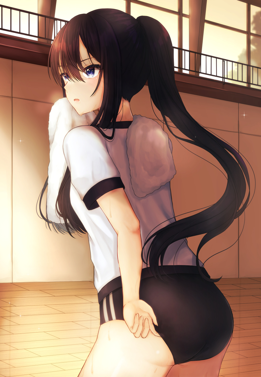 1girl, absurdres, adjusting_buruma, adjusting_clothes, ass, black_buruma, black_hair, blue_eyes