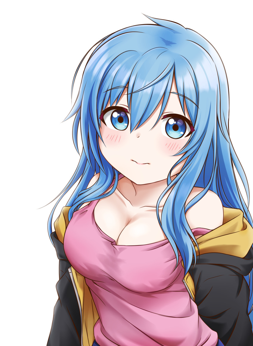 1girl, absurdres, blue_eyes, blue_hair, breasts, cleavage, closed_mouth, collarbone