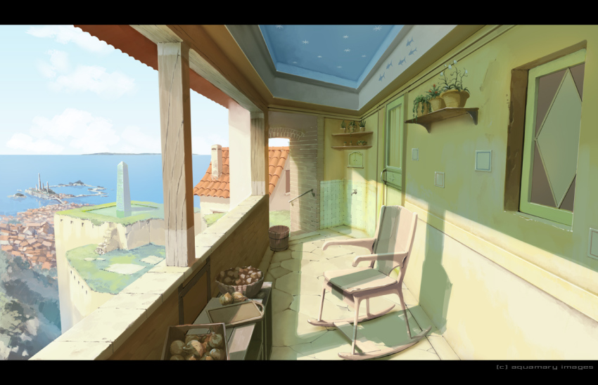 aquamary, basket, bucket, chair, city, cityscape, cliff, door