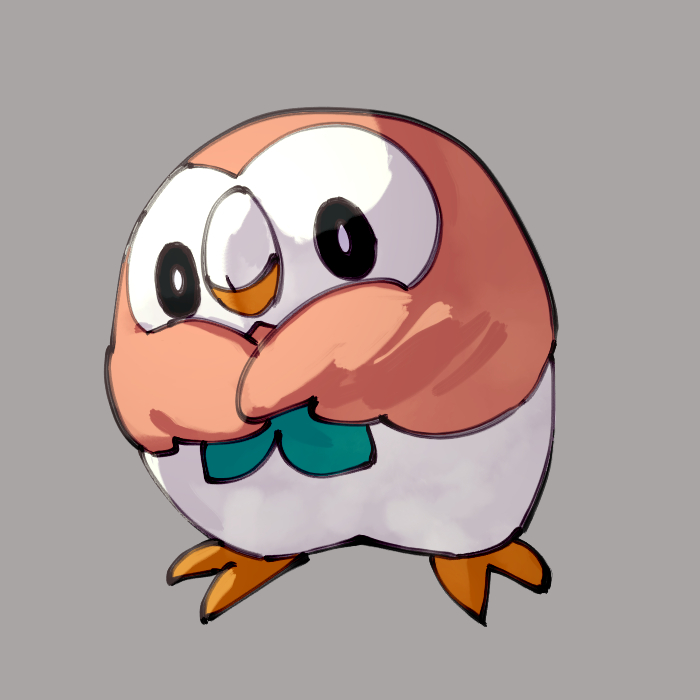animal_focus, bird, black_eyes, bright_pupils, closed_mouth, commentary_request, full_body, gen_7_pokemon, grey_background, iki_(4sarabyebye), nintendo, no_humans, owl, pokemon, pokemon_(creature), pokemon_focus, rowlet, simple_background, solo