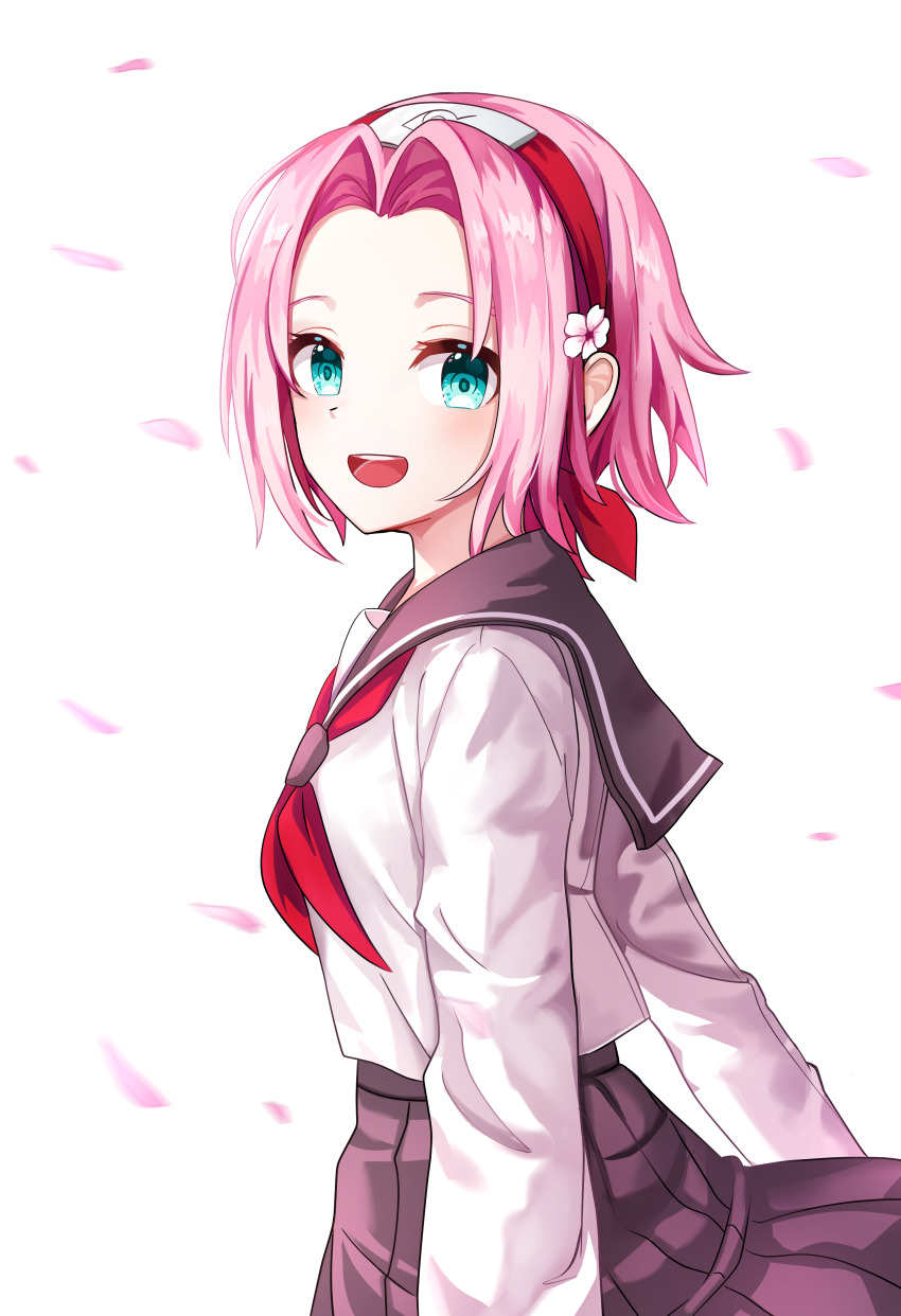 1girl, :d, absurdres, alternate_costume, blue_eyes, cherry_blossoms, collared_shirt, flower