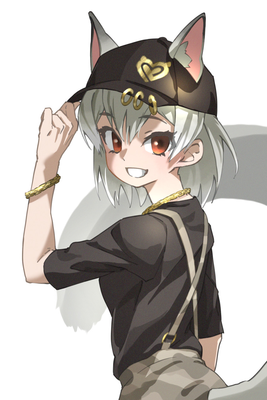 1girl, absurdres, animal_ears, baseball_cap, black_hat, black_shirt, bracelet, brown_eyes