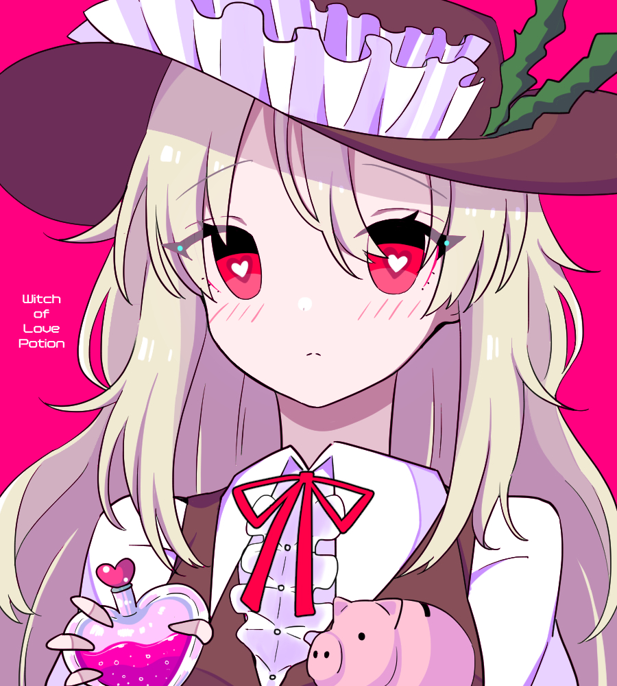 1girl, blonde_hair, blush, bottle, brown_headwear, brown_vest, center_frills, closed_mouth, collared_shirt, dolls_in_pseudo_paradise, eyes_visible_through_hair, flask, frilled_hat, frills, hat, hat_feather, heart, heart-shaped_pupils, holding, jacket_girl_(dipp), kumeri0804, long_hair, long_sleeves, love_potion, neck_ribbon, piggy_bank, pink_background, pink_eyes, potion, red_ribbon, ribbon, shirt, simple_background, symbol-shaped_pupils, touhou, very_long_hair, vest, white_shirt