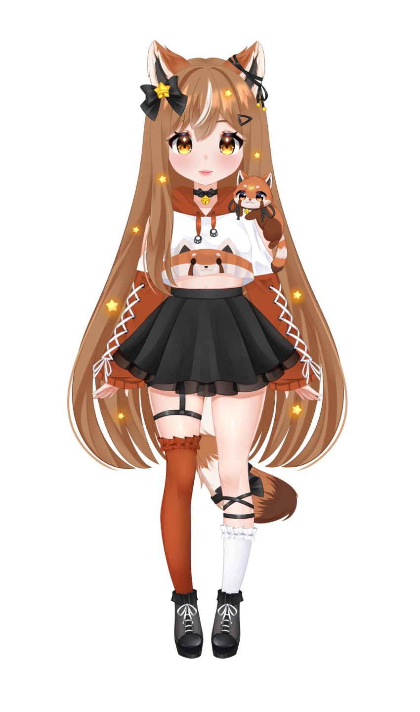 1girl, asymmetrical_legwear, chi_(maemunchies), crop_top, colored_bangs, eyebrows_hidden_by_hair, frilled_legwear, full_body, hair_between_eyes, highres, long_hair, mae_munchies, midriff, navel, neck_bell, pale_skin, red_panda, red_panda_ears, red_panda_girl, red_panda_tail, simple_background, skirt, vdonburi, very_long_hair, virtual_youtuber, white_background