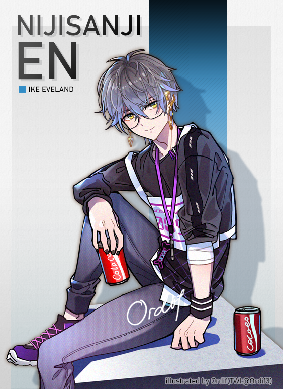 1boy, black_nails, black_sweater, blue_hair, brown_hair, can, character_name, coca-cola