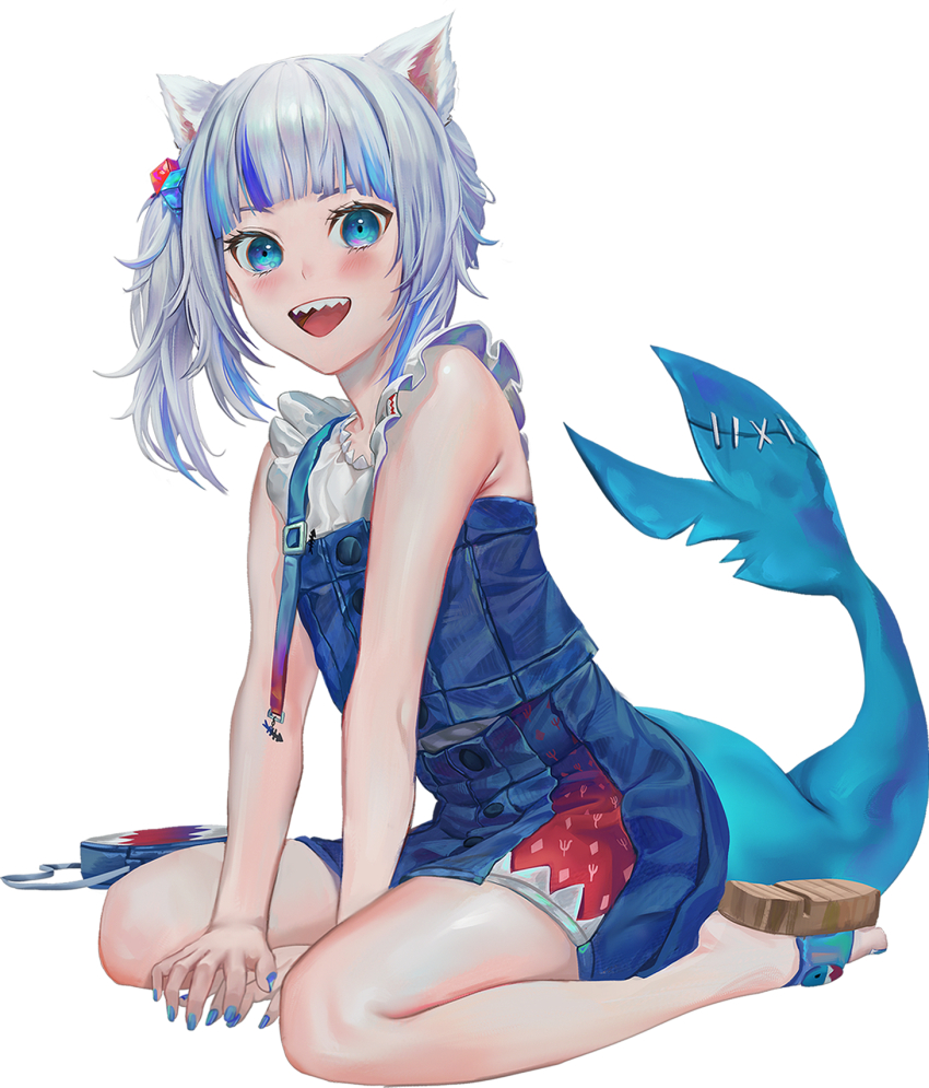 1girl, :d, animal_ears, artofkuzu, bag, bare_arms, bare_legs, between_legs