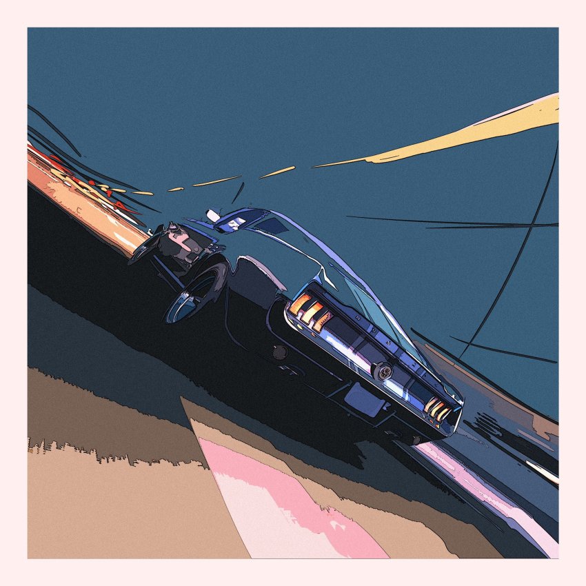 beige_border, car, dora_(dr3032), ford, ford_mustang, ford_mustang_(1st_generation), glowing, highres, motor_vehicle, muscle_car, night, no_humans, original, rear-view_mirror, sky, vehicle_focus