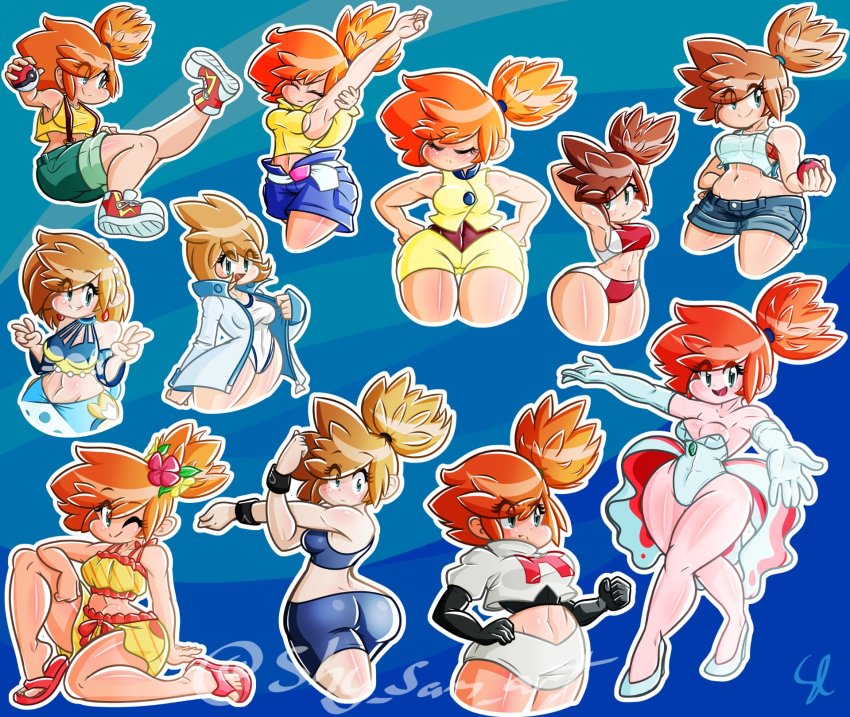 1girl, armpits, ass, asymmetrical_hair, bare_arms, bare_shoulders, bent_over, bikini, blue_bikini, blush, breasts, brown_hair, closed_mouth, competition_swimsuit, cosplay, cowboy_shot, denim, denim_shorts, detached_sleeves, dress, earrings, elbow_gloves, eyelashes, flip-flops, flower, gen_1_pokemon, gloves, goldeen, goldeen_(cosplay), green_eyes, gym_leader, hair_between_eyes, hair_flower, hair_ornament, hair_tie, hand_on_own_hip, highres, holding, holding_poke_ball, jacket, jessie_(pokemon), jessie_(pokemon)_(cosplay), jewelry, large_breasts, legs, legs_together, long_hair, long_sleeves, looking_at_viewer, looking_to_the_side, midriff, misty_(pokemon), misty_(sygna_suit)_(pokemon), multicolored_background, multiple_girls, multiple_views, navel, nintendo, official_alternate_costume, one-piece_swimsuit, one_eye_closed, open_clothes, open_jacket, open_mouth, orange_hair, poke_ball, pokemon, pokemon_(anime), pokemon_(classic_anime), pokemon_ep043, pokemon_firered_and_leafgreen, pokemon_heartgold_and_soulsilver, pokemon_hs16, pokemon:_let's_go_pikachu!_and_let's_go_eevee!, pokemon_masters_ex, pokemon_red/green/blue/yellow, pokemon_the_series:_ruby_and_sapphire, pokemon_sm102, pokemon_the_series:_sun_&amp;_moon, ponytail, print_shirt, red_hair, sandals, shirt, shoes, short_hair, short_shirt, short_shorts, shorts, shy_sam, side_ponytail, simple_background, skirt, smile, suspenders, swimsuit, team_rocket, team_rocket_uniform, thighs, v, white_background, white_shirt, white_skirt, wide_hips, wink