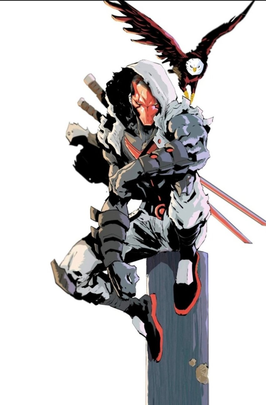 1boy, bald_eagle, batman_(series), bird, black_footwear, clenched_hand, commentary, dc_comics