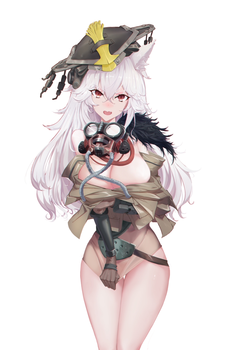 1girl, absurdres, animal_ears, apex_legends, bloodhound_(apex_legends), bloodhound_(apex_legends)_(cosplay), blush, breasts, brown_gloves, brown_jacket, cleavage, clothes_pull, collarbone, cosplay, embarrassed, gloves, head_tilt, helmet, highres, jacket, jacket_pull, large_breasts, looking_at_viewer, lu_(departurelu), mask, mask_around_neck, original, solo, v-shaped_eyebrows, white_background, white_hair, wolf_ears, wolf_girl