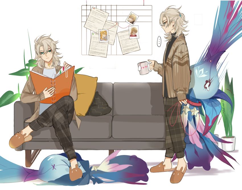 ..., 2boys, absurdres, albedo_(genshin_impact), blonde_hair, blue_eyes, book, brown_jacket