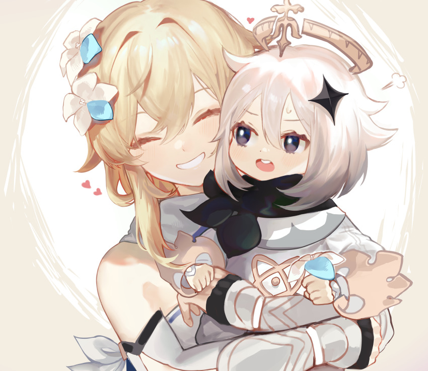 2girls, absurdres, annoyed, black_scarf, blonde_hair, bright_pupils, closed_eyes, commentary_request