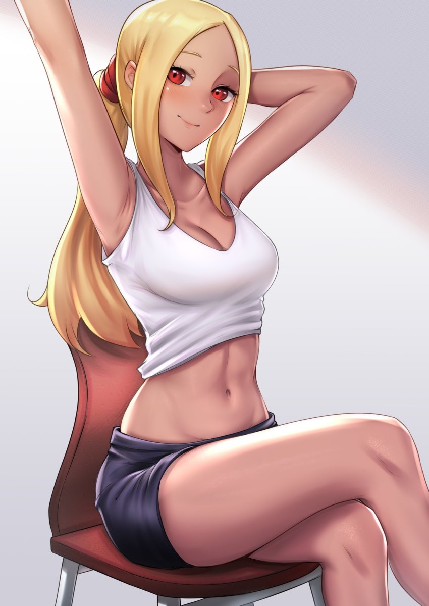 1girl, armpits, arms_behind_head, black_showgirl_skirt, blonde_hair, breasts, chair, cleavage, closed_mouth, collarbone, commentary, cowboy_shot, dark-skinned_female, dark_skin, dusty_(gravity_daze), english_commentary, eyebrows, eyelashes, forehead, gradient_background, gravity_daze, highres, kitten_(gravity_daze), knees_together_feet_apart, koarujpg, long_hair, looking_at_viewer, midriff, navel, petite, pointy_nose, ponytail, red_eyes, shirt, shorts, sidelocks, simple_background, sitting, smile, solo, stomach, tan, thighs, white_shirt