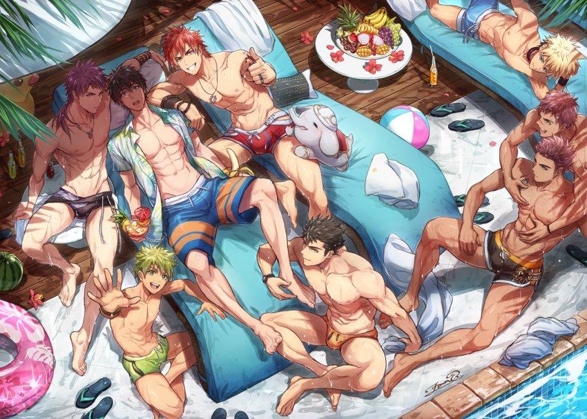 6+boys, abs, banana, bara, bare_pectorals, black_choker, black_hair, black_male_swimwear, blonde_hair, blue_male_swimwear, bracelet, brown_hair, choker, closed_mouth, cup, dark-skinned_male, dark_skin, day, food, fruit, full_service_(mazjojo), green_hair, green_male_swimwear, hawaiian_shirt, holding, holding_cup, holding_food, holding_fruit, jewelry, kovit_chaiyarit, large_pectorals, lenga_valentine, looking_at_viewer, lying, male_focus, male_swimwear, multiple_boys, multiple_rings, muscular, muscular_male, navel, necklace, nipples, okan_ardana, oki_ardana, on_back, on_side, open_clothes, open_hand, open_mouth, open_shirt, orange_male_swimwear, outdoors, pectorals, ponytail, purple_hair, rald_schwarz, red_male_swimwear, remi_svensson, ring, shirt, short_hair, sideburns, sitting, smile, sota_kobayashi, swim_briefs, teeth, thick_thighs, thighs, thumbs_up, tomoki_nakamoto, topless_male, watch, wet, wet_hair, wristband, wristwatch, zawar379