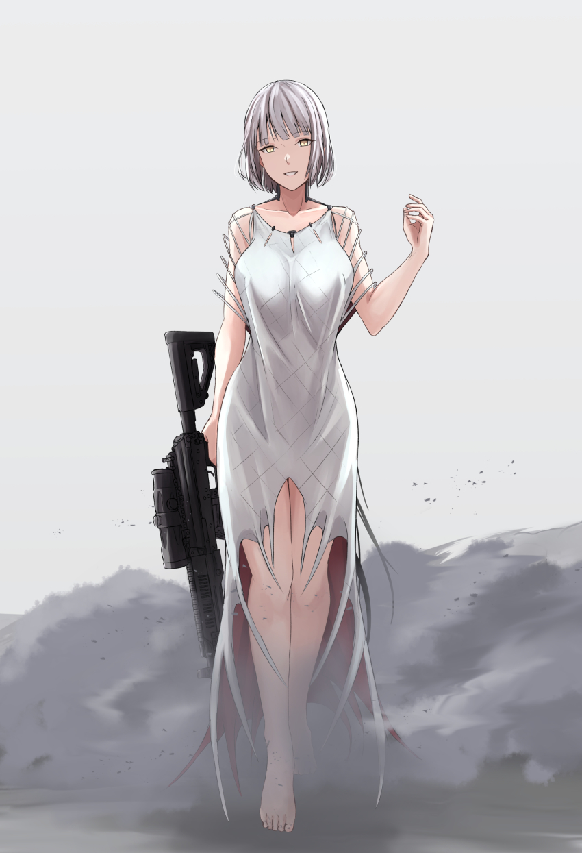 1girl, absurdres, alternate_costume, barefoot, breasts, collarbone, cyka, drum_magazine, full_body, girls'_frontline, gun, highres, holding, holding_gun, holding_weapon, large_breasts, light_machine_gun, machine_gun, magazine_(weapon), paradeus, robe, rpk, rpk-16, rpk-16_(boss)_(girls'_frontline), rpk-16_(girls'_frontline), short_hair, silver_hair, simple_background, solo, spoilers, walking, weapon, white_robe, yellow_eyes