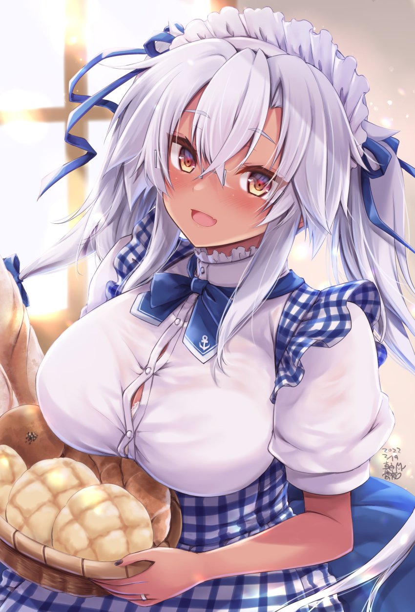 1girl, absurdres, apron, basket, black_nails, blue_apron, blue_bow, blue_bowtie