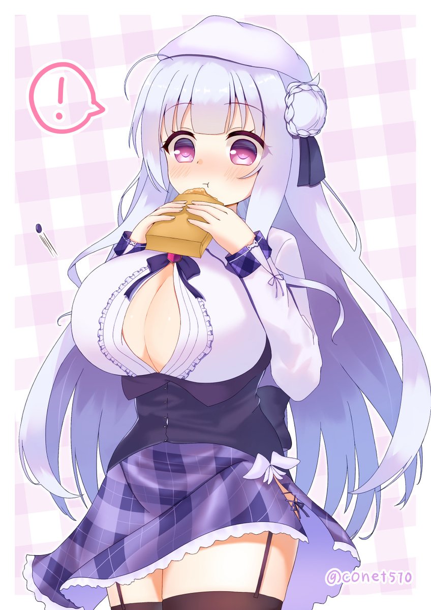 1girl, azur_lane, blush, breasts, bursting_breasts, button_gap, collared_shirt, commission, conet510, cygnet_(azur_lane), food, frilled_skirt, frills, garter_straps, hat, highres, holding, holding_food, large_breasts, long_hair, long_sleeves, neck_ribbon, purple_eyes, ribbon, school_uniform, shirt, simple_background, skeb_commission, skirt, solo, thighhighs, white_hair