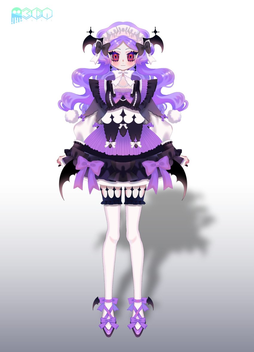 1girl, 3di_project, bat_wings, drudrusilla_purple, eyelashes, fingernails, full_body, gradient_background