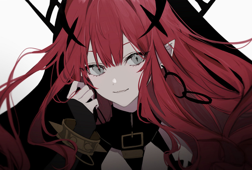 1girl, bad_id, bad_pixiv_id, baobhan_sith_(fate), baobhan_sith_(second_ascension)_(fate), bare_shoulders, black_circle, black_veil, circlet, earrings, fate/grand_order, fate_(series), grey_eyes, hair_between_eyes, hand_up, jewelry, long_hair, looking_at_viewer, nozz177, pink_hair, pointy_ears, revealing_clothes, sidelocks, simple_background, smile, solo, tiara, type-moon, veil, white_background