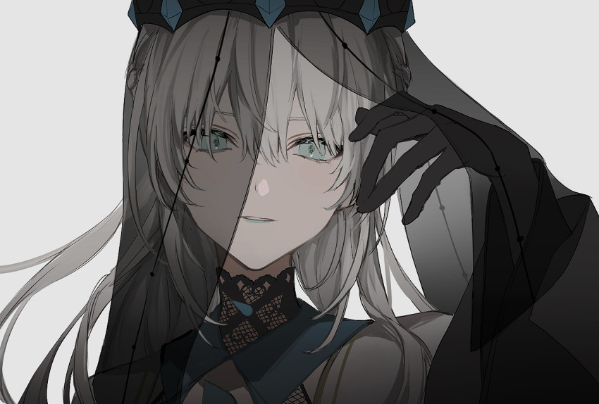 1girl, bad_id, bad_pixiv_id, black_gloves, black_veil, blue_eyes, blue_lips, fate/grand_order, fate_(series), female_focus, gloves, grey_hair, long_hair, looking_at_viewer, makeup, morgan_le_fay_(fate), morgan_le_fay_(queen_of_winter)_(fate), nozz177, parted_lips, simple_background, solo, type-moon, upper_body, veil, white_background