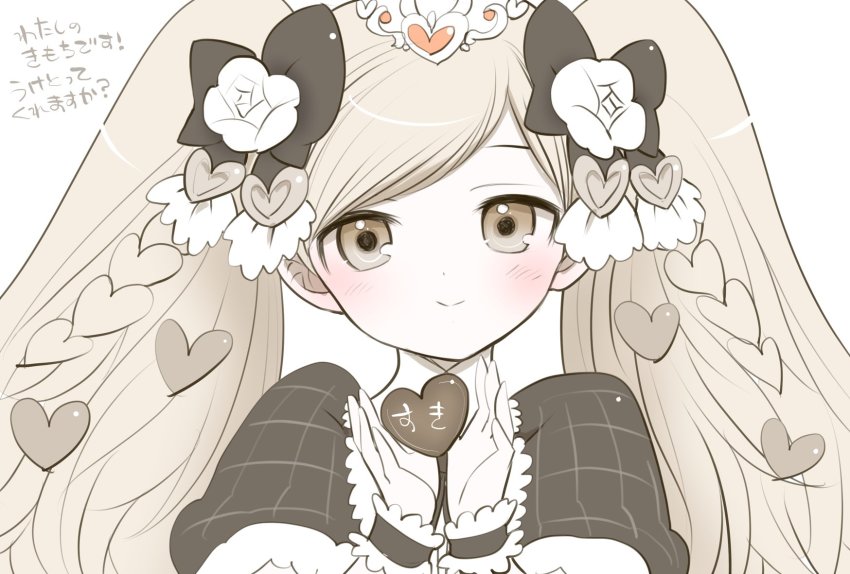 1girl, aphrodite_(nyanko_daisensou), armband, blush, brown_eyes, brown_hair, candy, chocolate, chocolate_heart, crown, flower, food, hair_flower, hair_ornament, heart, heart_hair_ornament, highres, murayamawataru, nyanko_daisensou, smile, solo, twintails