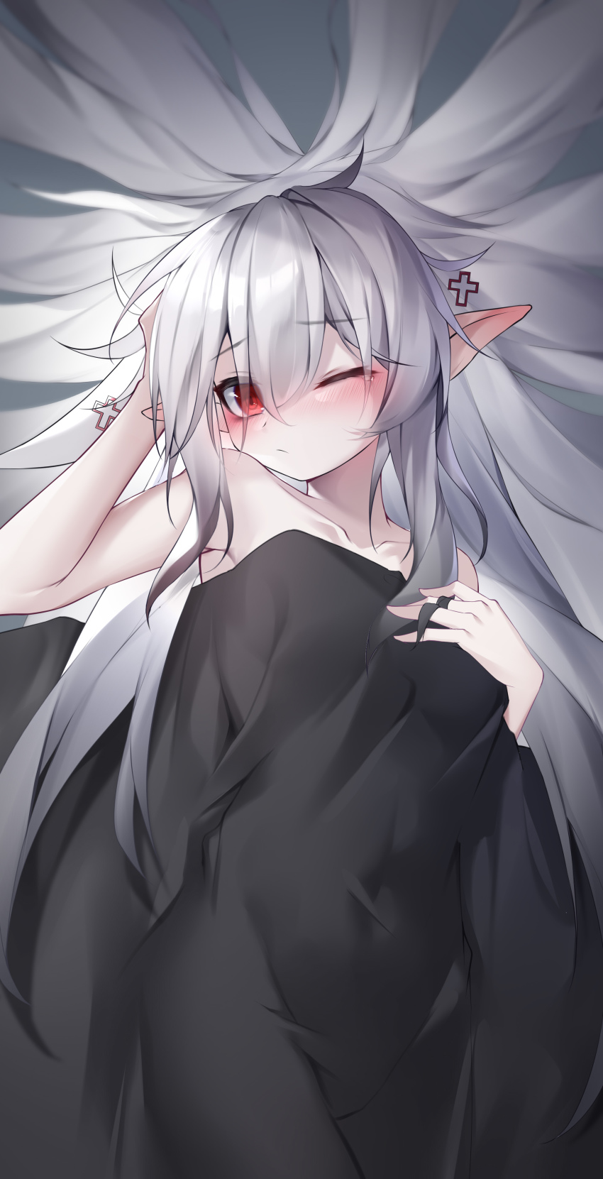 1girl, ;/, absurdres, arknights, arm_up, armpits, blanket, blush