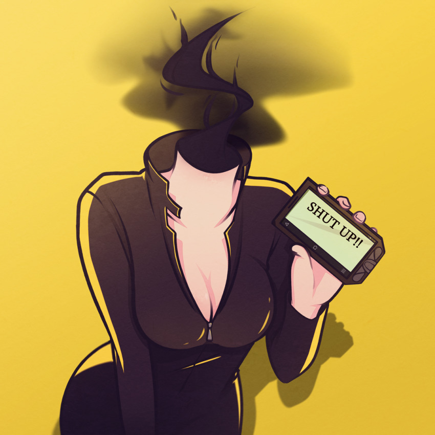 1girl, biker_clothes, bikesuit, black_bodysuit, bodysuit, breasts, cellphone, celty_sturluson