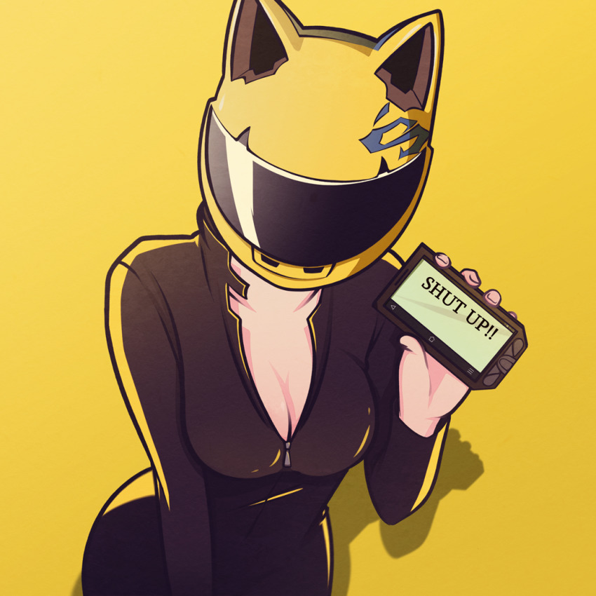1girl, animal_ear_helmet, animal_ears, animal_helmet, biker_clothes, bikesuit, black_bodysuit, bodysuit, breasts, cat_ears, cellphone, celty_sturluson, cleavage, dullahan, durarara!!, english_text, fake_phone_screenshot, fake_screenshot, from_above, hand_up, helmet, holding, holding_phone, looking_at_viewer, medium_breasts, monokarumaru, motorcycle_helmet, partially_unzipped, phone, simple_background, smartphone, solo, upper_body, visor, yellow_background, yellow_headwear, zipper_pull_tab