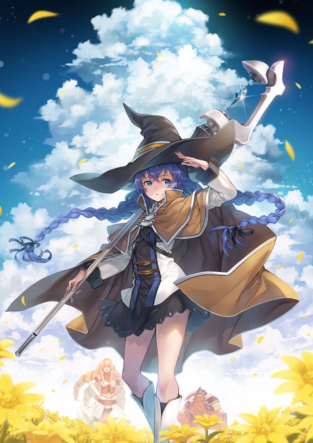 1boy, 2girls, arm_up, black_dress, black_headwear, black_ribbon, blue_eyes, blue_hair, blue_sky, braid, brown_capelet, brown_cloak, capelet, cloak, cloud, cloudy_sky, commentary_request, day, dress, elinalise_dragonroad, feet_out_of_frame, flower, hagure_keg, hair_between_eyes, hair_ribbon, hat, highres, holding, holding_staff, jacket, kneebar, long_hair, long_sleeves, low_twintails, multiple_girls, mushoku_tensei, outdoors, petals, ribbon, roxy_migurdia, sky, solo_focus, staff, talhand, twin_braids, twintails, very_long_hair, white_footwear, white_jacket, witch_hat, yellow_flower