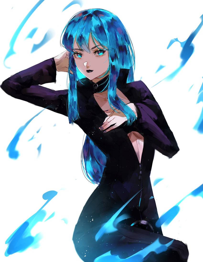 1girl, belt, blue_eyes, blue_hair, bodysuit, breasts, cleavage, collar