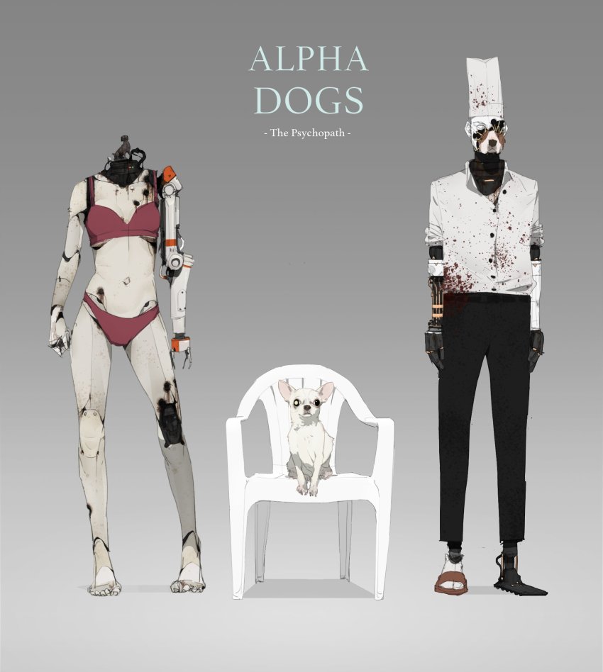 android, animal, artificial_eye, bikini, blood_on_clothes, catlesstail, chef_hat, chihuahua