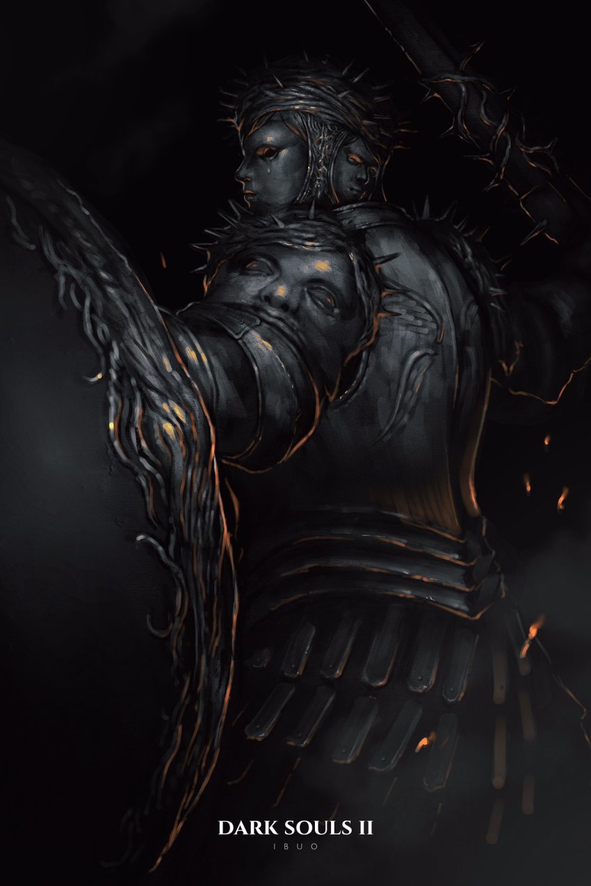 armor, artist_name, black_background, copyright_name, dark_souls_(series), dark_souls_ii, extra_faces, from_side