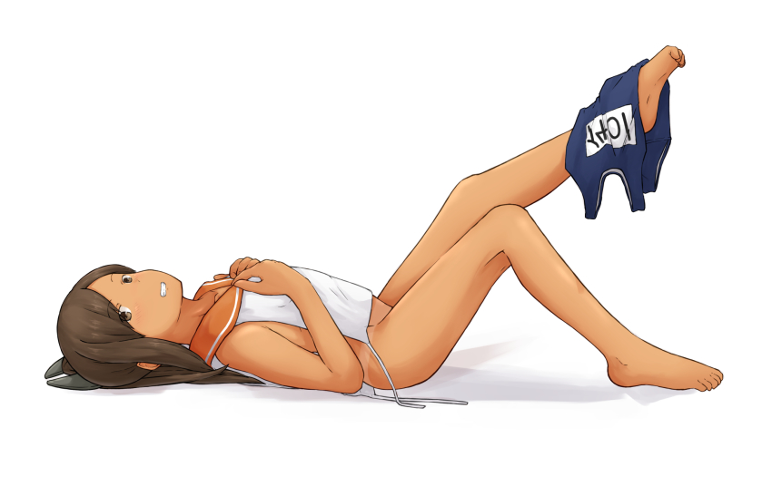 1girl, barefoot, blue_one-piece_swimsuit, bottomless, brown_eyes, brown_hair, chagamaka, full_body, grin, hair_ornament, hairclip, highres, i-401_(kancolle), kantai_collection, long_hair, looking_at_viewer, lying, naked_shirt, name_tag, one-piece_swimsuit, orange_sailor_collar, ponytail, sailor_collar, school_swimsuit, shirt, short_ponytail, side-tie_shirt, simple_background, sleeveless, sleeveless_shirt, smile, solo, swimsuit, unworn_swimsuit, tan, tanline, white_background