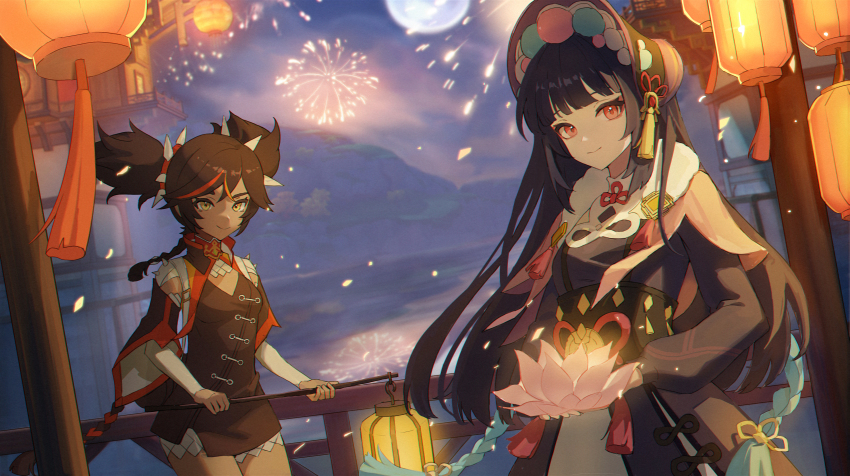 2girls, absurdres, black_hair, blunt_bangs, bonnet, capelet, dark-skinned_female, dark_skin, dress, fireworks, flower, genshin_impact, highres, lantern, looking_at_viewer, multiple_girls, night, pingdiguo, sky, smile, twintails, xinyan_(genshin_impact), yun_jin_(genshin_impact)