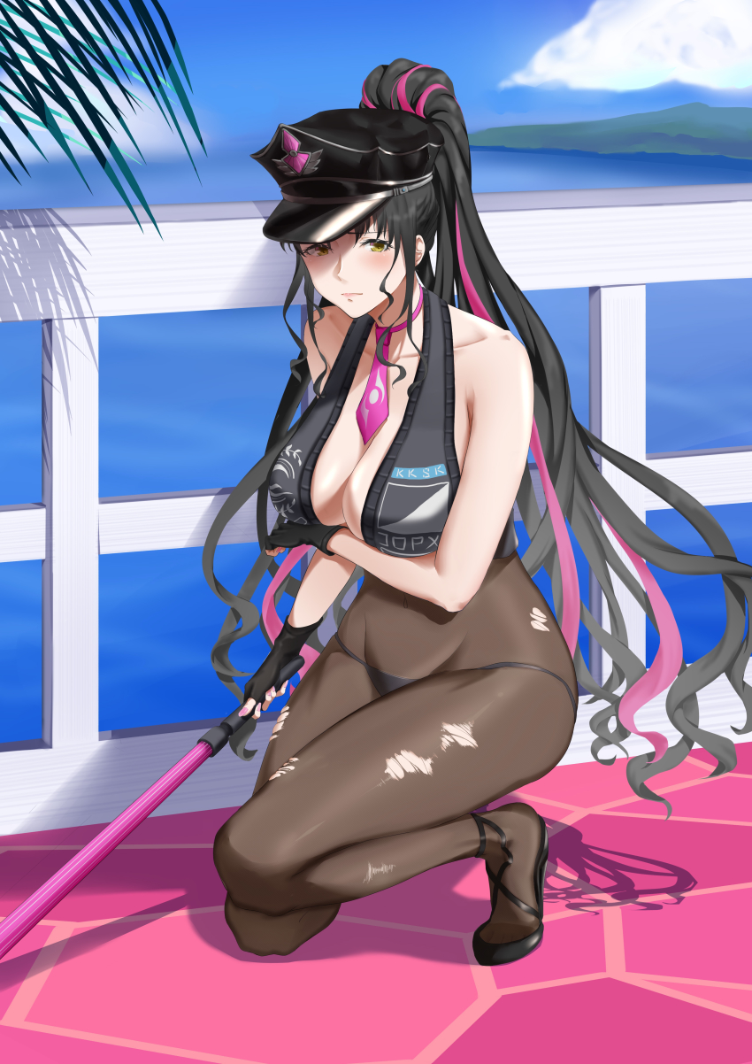 1girl, absurdres, akilv, bikini, black_bikini, black_bodysuit, black_footwear, black_gloves, black_hair, black_hat, blue_sky, blush, bodysuit, breasts, closed_mouth, cloud, covered_navel, day, fate/grand_order, fate_(series), fingerless_gloves, fingernails, full_body, gloves, halterneck, hat, highres, large_breasts, leaf, long_hair, looking_at_viewer, multicolored_hair, nail_polish, necktie, on_one_knee, outdoors, peaked_cap, pink_hair, pink_nails, pink_necktie, police_hat, ponytail, sessyoin_kiara, sessyoin_kiara_(swimsuit_mooncancer)_(second_ascension), sidelocks, sky, solo, streaked_hair, swimsuit, torn_bodysuit, torn_clothes, traffic_baton, very_long_hair, water, yellow_eyes