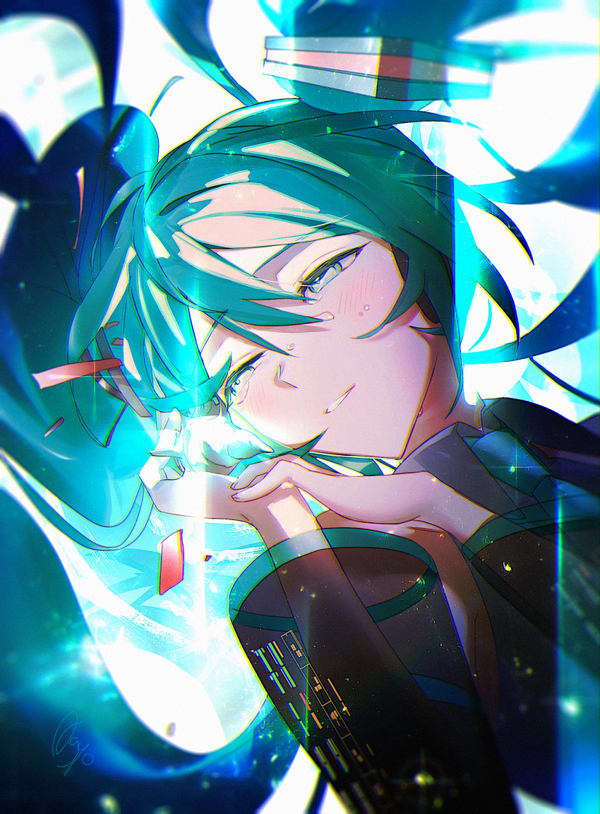 1girl, agyou_sonokou_l, aqua_eyes, aqua_hair, aqua_necktie, bare_shoulders, black_sleeves, broken