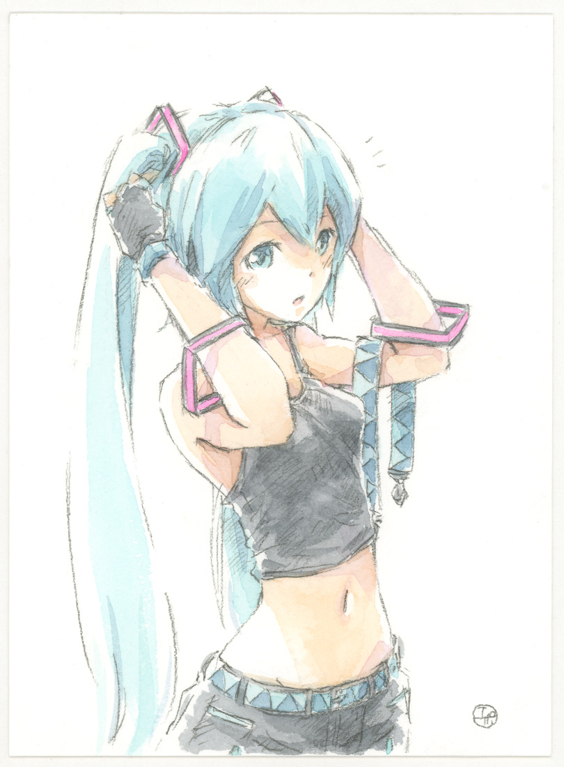 1girl, :o, aqua_eyes, aqua_hair, bangle, belt, black_shirt, black_skirt