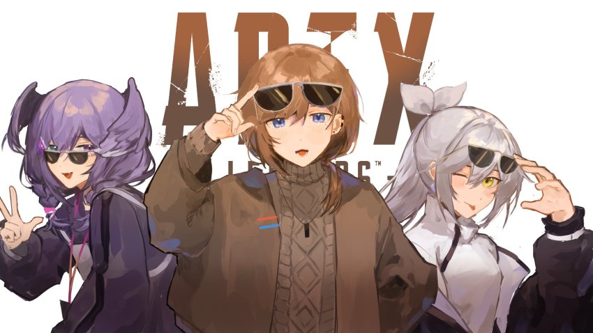 1boy, 2girls, ailurei, apex_legends, black_jacket, black_sweater, braid, breasts, brown_jacket, brown_sweater, commentary, english_commentary, eyewear_on_head, grey_hair, hair_ribbon, head_wings, heterochromia, highres, jacket, jewelry, kanae_(8th_costume)_(nijisanji), kanae_(nijisanji), lanyard, logo, looking_at_viewer, medium_breasts, medium_hair, multiple_girls, necklace, nijisanji, nijisanji_en, off_shoulder, one_eye_closed, qualia_qu, re:act, ribbon, selen_tatsuki, selen_tatsuki_(1st_costume), smile, sunglasses, sweater, tongue, tongue_out, twin_braids, v, virtual_youtuber, white_background, white_ribbon, white_sweater, wings, yellow_eyes