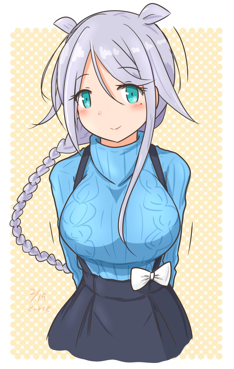 1girl, arms_behind_back, black_skirt, blue_eyes, blue_sweater, bow, braid, breasts