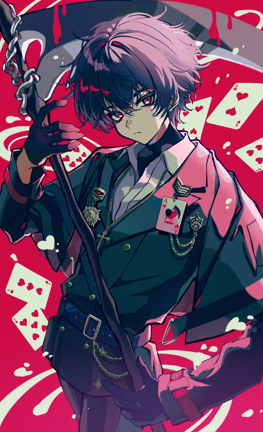 1boy, absurdres, black_hair, card, gloves, haru4aki, heart, heart_card