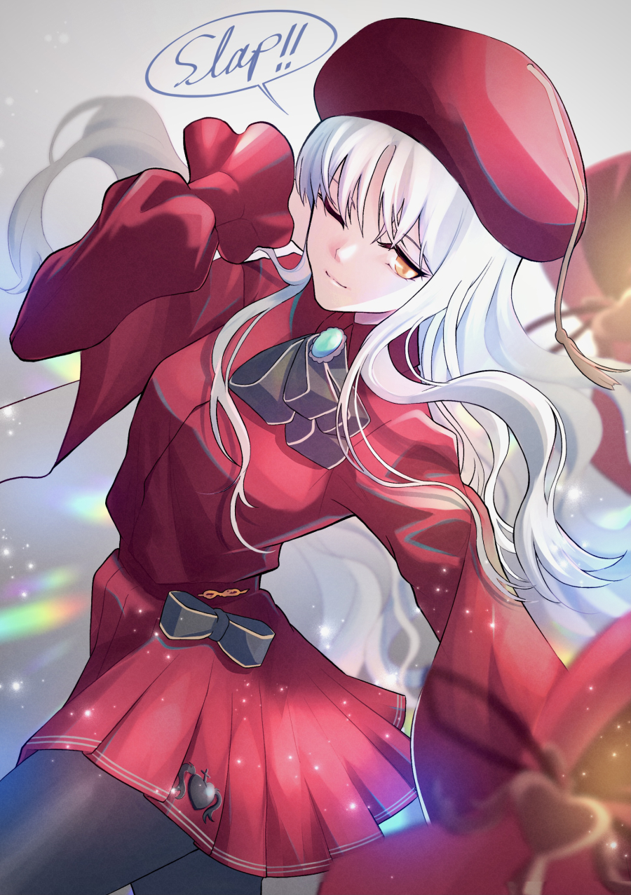 1girl, beret, black_bow, black_pantyhose, bow, bowtie, brooch, caren_hortensia, caren_hortensia_(amor_caren)_(second_ascension), closed_mouth, cowboy_shot, dress, dress_bow, english_text, fate/grand_order, fate_(series), grey_background, hat, highres, jewelry, kassan_(kassan_5a), long_hair, looking_at_viewer, one_eye_closed, pantyhose, pleated_dress, red_dress, red_hat, short_dress, simple_background, smile, solo, speech_bubble, standing, tassel, white_hair, yellow_eyes