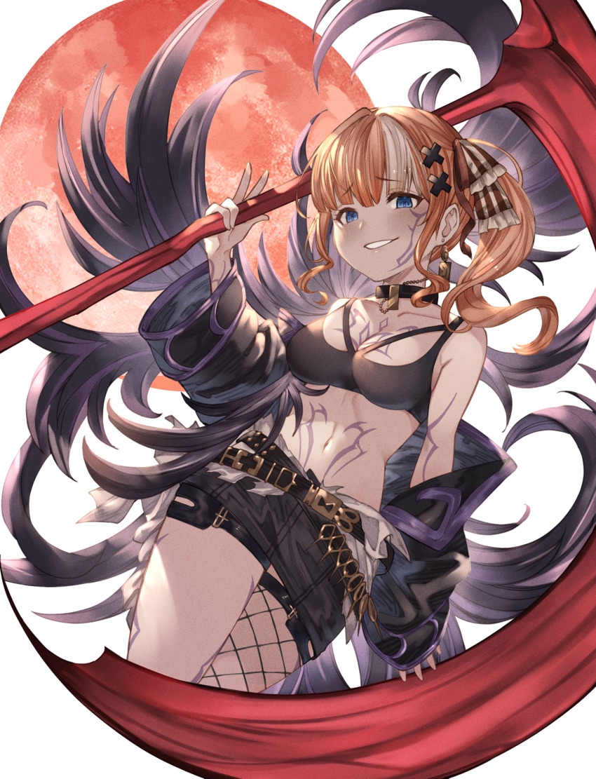 1girl, ayacho, belt, blue_eyes, chain, chest_tattoo, choker, cosplay