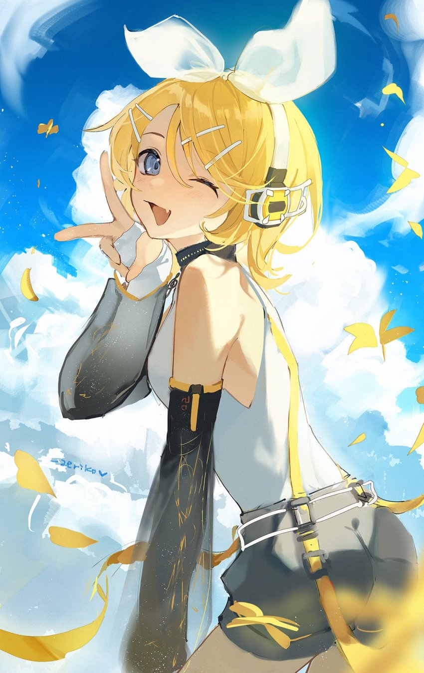 bare_shoulders, belt, blonde_hair, blouse, blue_eyes, bow, cloud, cloudy_sky, cowboy_shot, day, detached_sleeves, elbow_gloves, falling_leaves, fang, fingerless_gloves, from_side, gloves, grey_shorts, hair_bow, hand_up, headphones, highres, kagamine_rin, kagamine_rin_(append), leaf, leaning_forward, open_mouth, outdoors, pendant_choker, see-through_clothes, see-through_sleeves, shirt, short_hair, shorts, skin_fang, sky, sleeveless, sleeveless_shirt, smile, treble_clef, twisted_torso, v, vocaloid, vocaloid_append, white_bow, white_gloves, white_shirt, yellow_leaves, zeriko